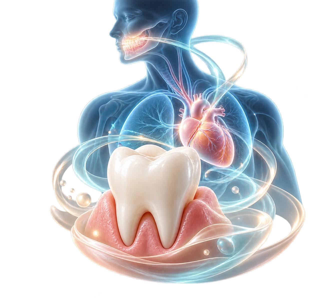 Dente, cuore e figura umana collegati da una trama luminosa